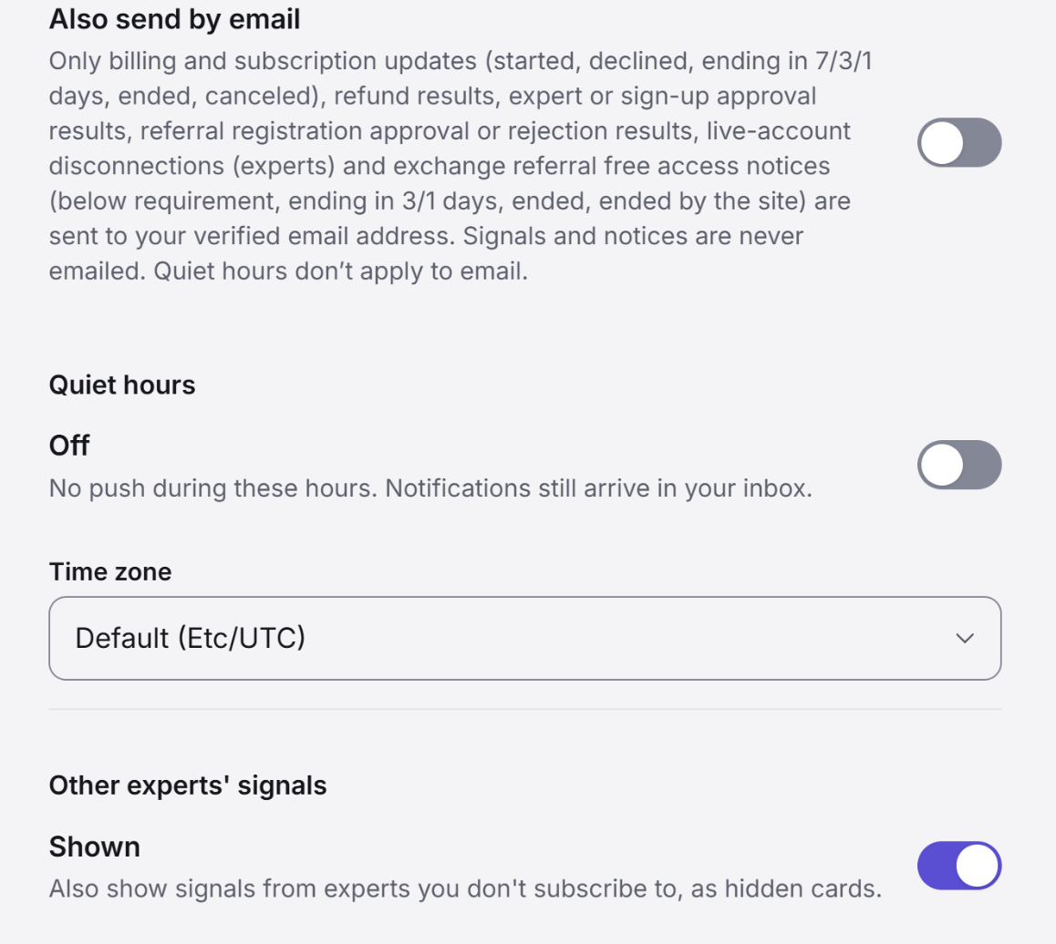 Covis notification settings screen: email notification note, quiet hours toggle with time zone selection, and the setting for showing other experts' signals