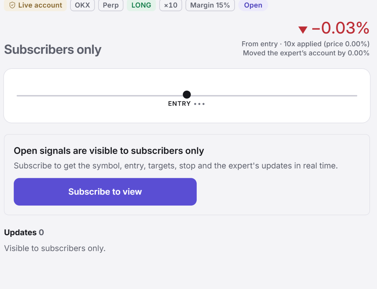 Covis signal detail while logged out: the open-signals-are-visible-to-subscribers-only notice with a Subscribe to view button, and the Updates section visible to subscribers only