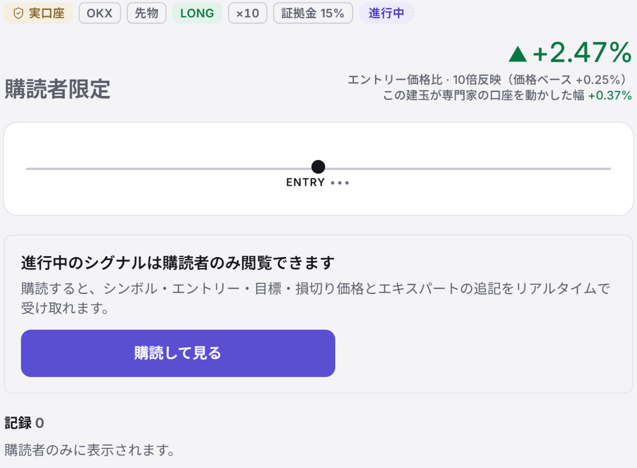Covis シグナル詳細画面（ログイン前）：進行中のシグナルは購読者のみ閲覧できるという案内と購読して見るボタン、購読者にだけ表示される記録項目