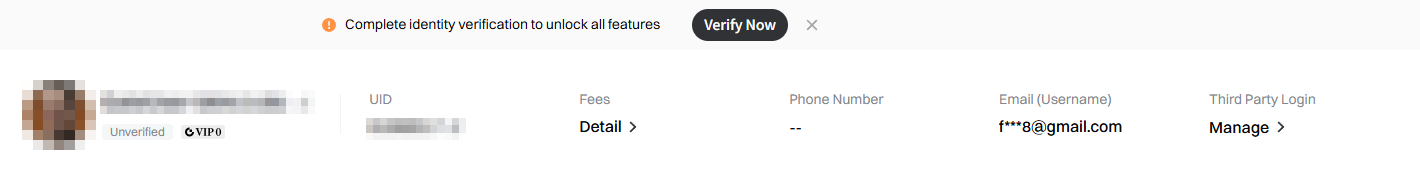 Phần đầu My Account Overview của Gate: dòng thông báo xác minh danh tính, Unverified dưới tên hồ sơ, UID, Email (Username), Phone Number và Third Party Login