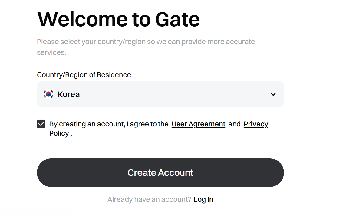 Màn hình đăng ký đầu tiên của Gate: Welcome to Gate, Korea được chọn ở Country/Region of Residence, ô đồng ý điều khoản và nút Create Account