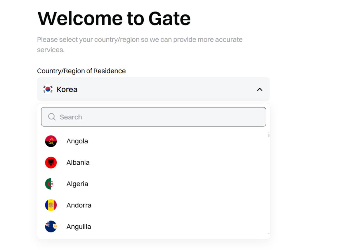 Danh sách quốc gia của Gate: ô Search ở trên cùng, bên dưới là các quốc gia như Angola, Albania và Algeria