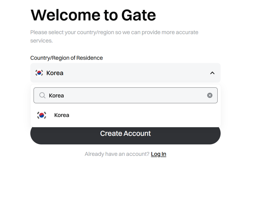 Tìm quốc gia trên Gate: sau khi gõ Korea vào ô Search chỉ còn hiển thị một dòng Korea