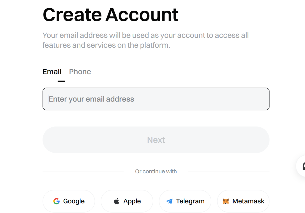 Tab email trên màn hình Create Account của Gate: ô Enter your email address còn trống, nút Next bị vô hiệu hóa và các nút Google, Apple, Telegram, Metamask