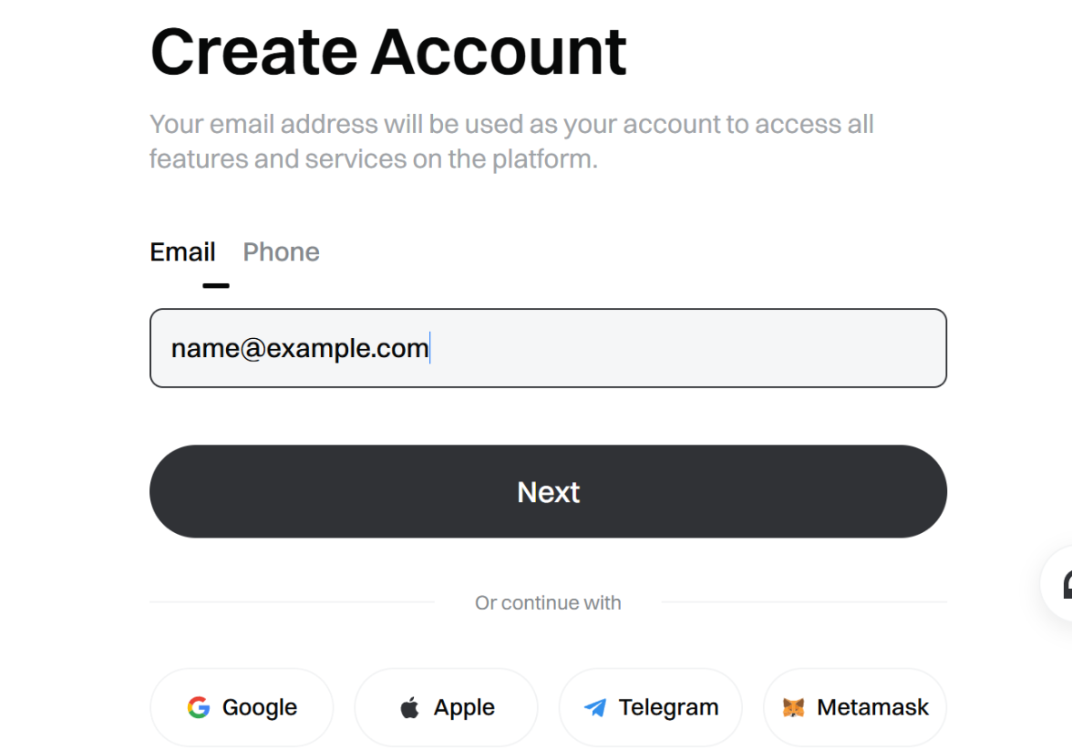 Tab email trên màn hình Create Account của Gate: name@example.com đã được gõ vào ô email và nút Next đã được kích hoạt