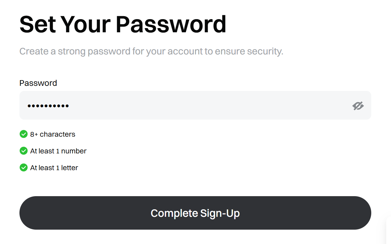 Màn hình Set Your Password của Gate: mật khẩu được che thành các dấu chấm, cả ba điều kiện đều xanh và nút Complete Sign-Up được kích hoạt