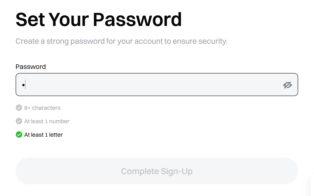 Màn hình Set Your Password của Gate: vừa bắt đầu gõ và chỉ điều kiện chữ cái chuyển sang màu xanh