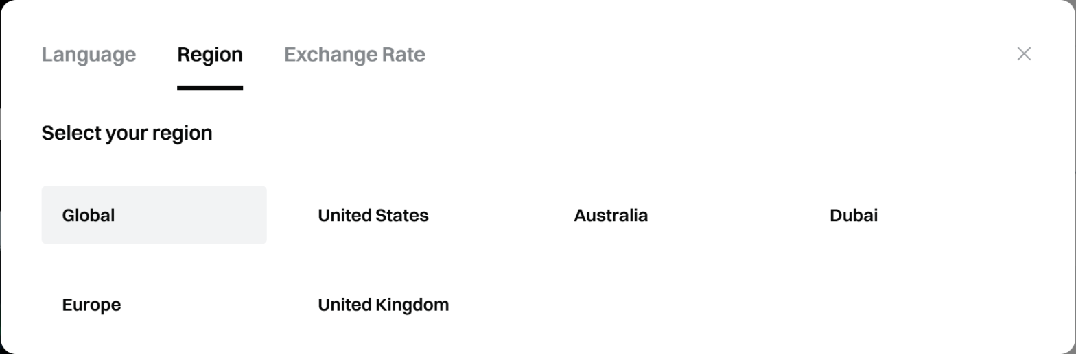Tab Region của Gate: Global, United States, Australia, Dubai, Europe và United Kingdom, trong đó Global đang được chọn