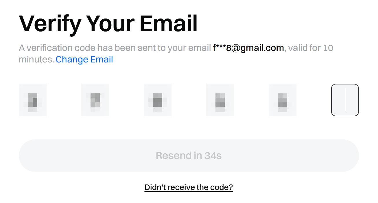 Màn hình Verify Your Email của Gate: thông báo mã xác minh đã được gửi, sáu ô nhập với các chữ số được làm mờ và bộ đếm thời gian chờ Resend